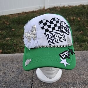 Green and White Embellished Cap